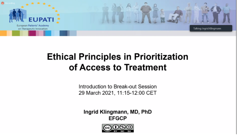 eupatients's tweet photo. Ingrid Klingmann discusses the ‘Ethical principles in prioritization of access to treatment’ &amp; David Haerry will present on ‘Pharmacovigilance including self-reporting' today #Patient #Expert #Training #Course #Cohort4 #OnlineEvent #OldFormat #LastEvent https://t.co/6AXPZh2Yq8