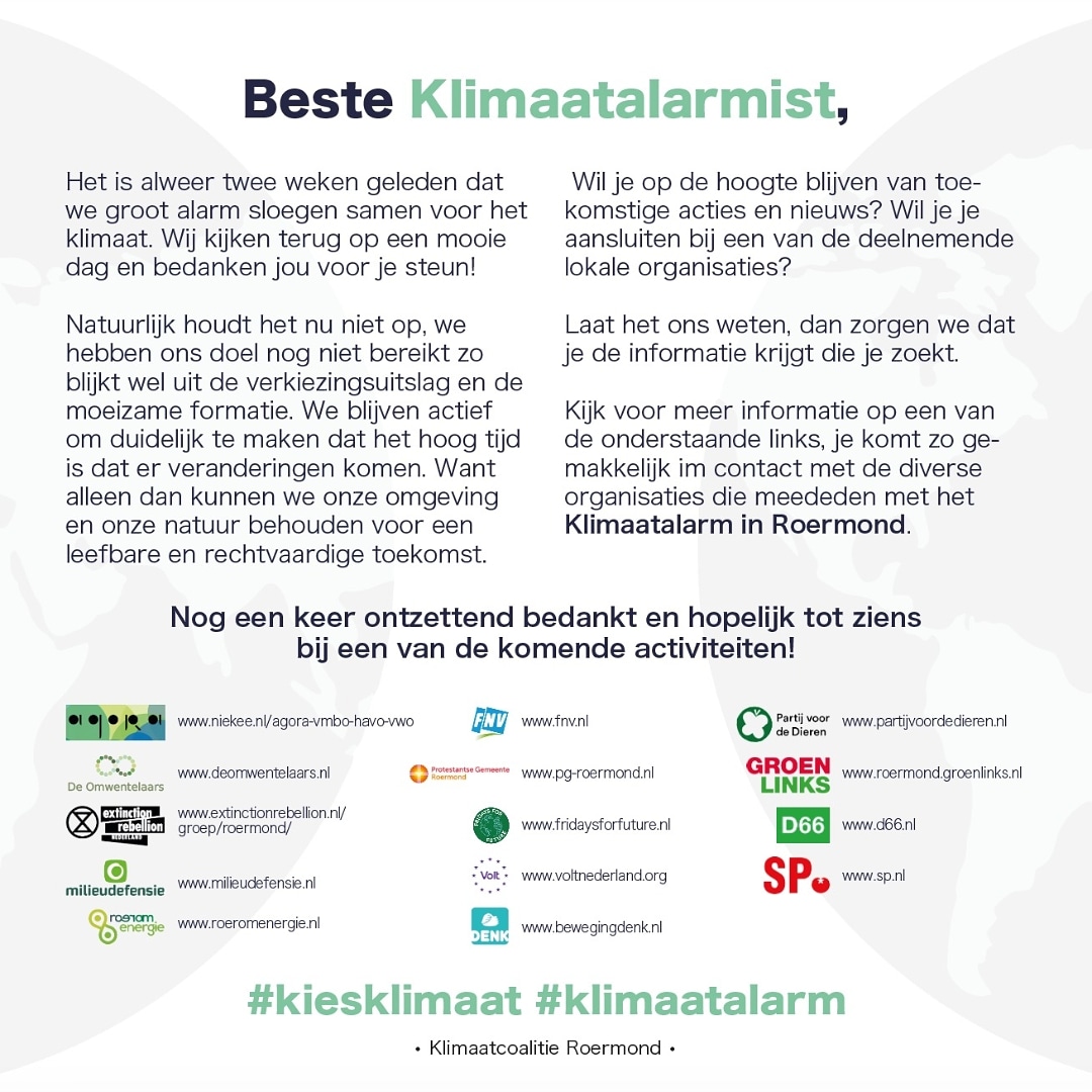 KlimaatalarmRM's tweet image. Beste klimaatalarmist, 

Het is alweer twee weken geleden dat we groot alarm sloegen samen voor het klimaat. Wij kijken terug op een mooie dag en bedanken jou voor je steun!

Nog een keer ontzettend bedankt en hopelijk tot ziens bij een van de komende activiteiten!