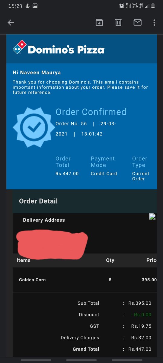 __Navii_'s tweet photo. Dear @dominos_india Happy Holi !
Thanks for making our Holi special by taking the order at 01:00 PM only to initiate delivery after 03:00 pm, that too was falsly delivered. At the end when the order reached us two boxes were already opened and a slice was eaten. 1/2 https://t.co/06DhkIAJd6