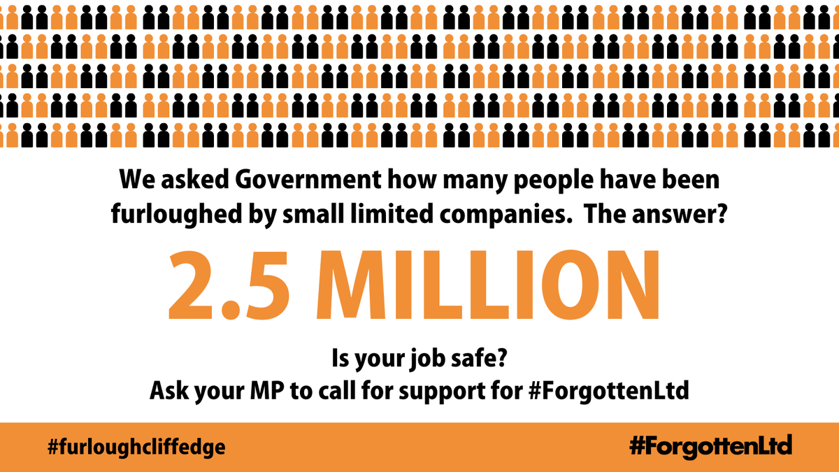 2.5 million jobs at risk.
2.5 million.
We don't understand why <a href="/RishiSunak/">Rishi Sunak</a> can't find a way to help the #ForgottenLtd and protect these jobs?
We're asking for parity, nothing more. We are taxpayers.
Please RT + tag your MP
<a href="/mrjamesob/">James O'Brien</a> <a href="/ConHome/">ConservativeHome</a>
#furloughcliffedge #protectjobs #DISS