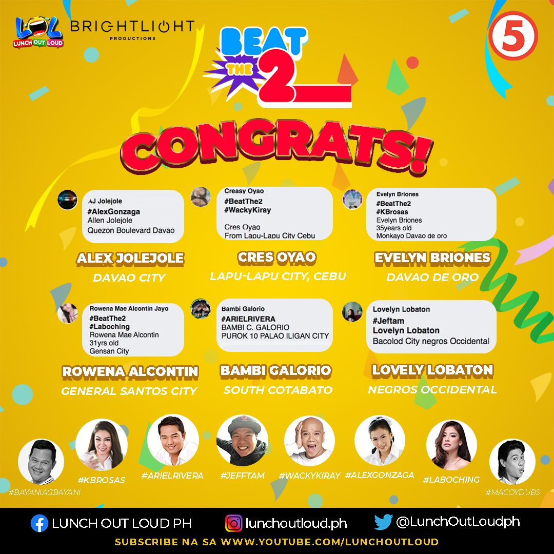 tropang_LOL's tweet photo. 🎉 Congrats, AJ JOLEJOLE, CRES OYAO, EVELYN BRIONES, ROWENA ALCONTIN, BAMBI GALORIO, LOVELYN LOBATON! Kayo ang lucky hashtaggers sa Beat The 2 last week! 

Makakatanggap kayo ng tig P1,000 sa pag hashtag nyo ng #AlexGonzaga #WackyKiray #KBrosas #Laboching #ArielRivera #JeffTam! https://t.co/EumyVyKTjJ