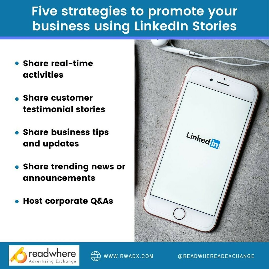 ReadwhereAdEx's tweet photo. Five strategies to promote your business using LinkedIn Stories
#rwadx #linkedinstory #linkedintips #readwhere https://t.co/T5adjowXZg