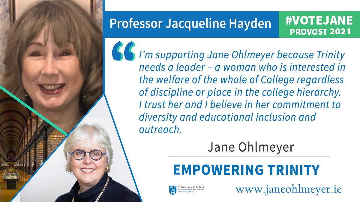 janeohlmeyer's tweet photo. As @tcddublin Provost I will put people first by making sure that Trinity is accessible, inclusive, diverse and equitable across our campuses. Only together can we truly #EmpowerTrinity Read more reasons why colleagues will #VoteJane on 10 April: https://t.co/Bu93iQ4E3P https://t.co/xUiqx5b5kx
