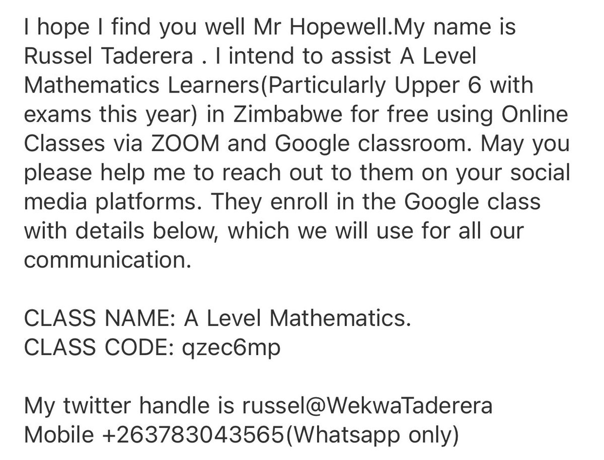 PLEASE RETWEET THIS!

CLASS NAME: A Level Mathematics.
CLASS CODE: qzec6mp

Thank you very much <a href="/WeKwaTaderera/">russel</a> for coming up with this program for free lessons.

This defines responsible citizenship and should be supported by ALL sensible and progressive citizens, home and abroad