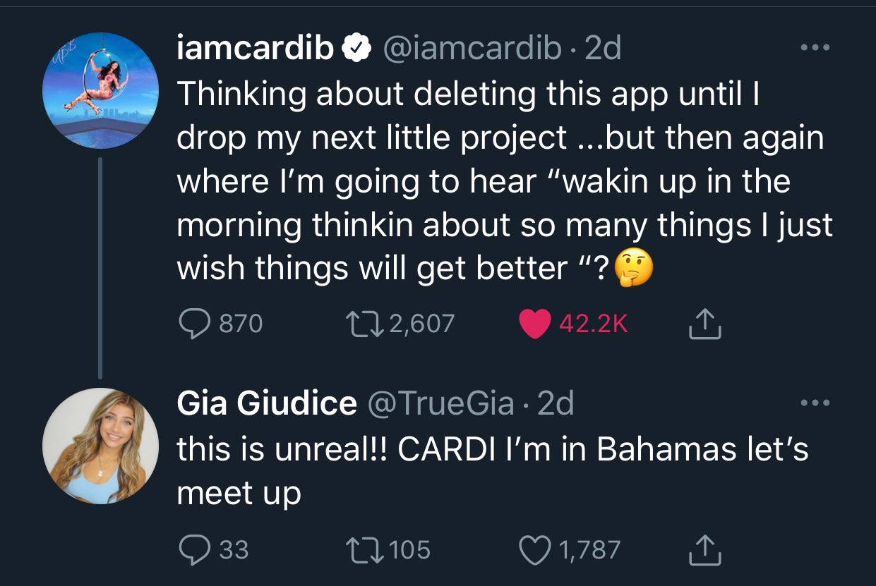 Celebs Love Cardi On Twitter Gia Giudice Reacted To Cardi B Giving Her Viral Sad Song Waking Up In The Morning A Shoutout