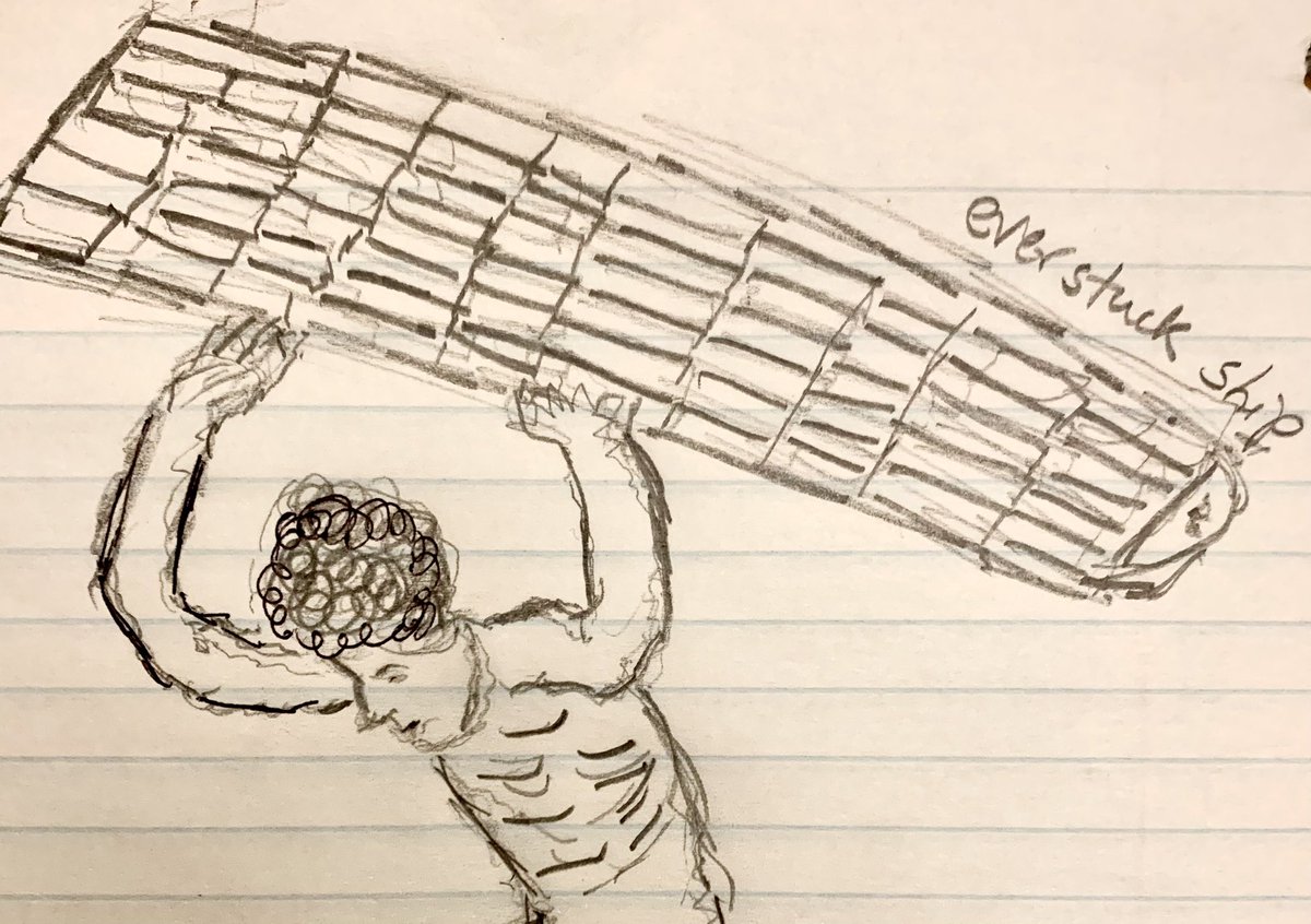 My mom drew this — Hercules comes to the rescue in the #Suez Canal.