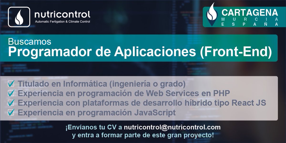 Nutricontrol_es's tweet image. #OfertaEmpleo 📣¡Buscamos un/a Programador de Aplicaciones (Front-End) ¿Te interesa?
📑👉Envíanos tu CV a nutricontrol@nutricontrol.com y empieza a formar parte de una empresa líder en investigación y desarrollo tecnológico.
#ofertadetrabajo #programadorjava #nutricontrol