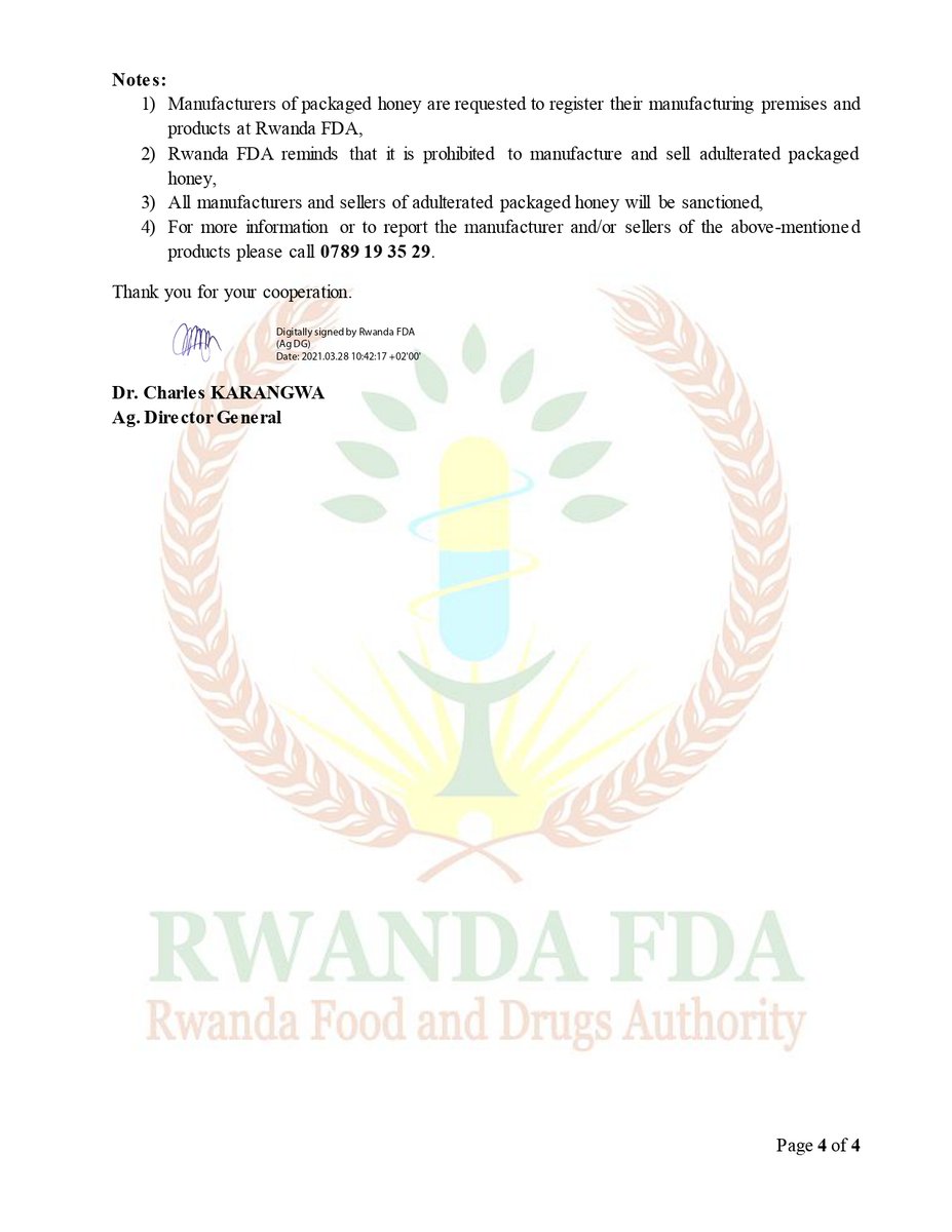 #Rwot Recall of adulterated honey products called BEST HONEY, HONEY-POWER OF NATURE and MIEL DE NYUNGWE.