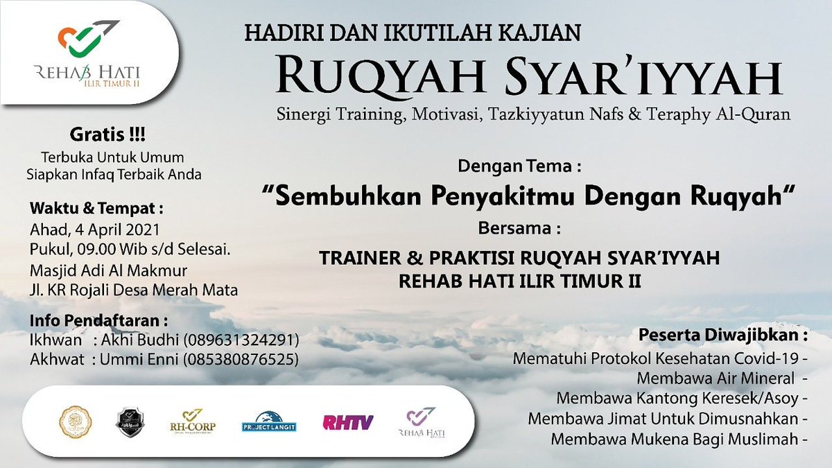 REHABHATI_IT2's tweet photo. Bismillahirahmanirahim..
Catat tangal nya 4 April 2021
Masjid Adi Al Makmur
Jl. KR Rojali Desa Merah Mata
"Sembuhkan Penyakitmu Dengan Ruqyah"
Jangan lewatkan.. Barakallahufikum..
#Rehabhati
#RHIT2
#ruqyahsyariyyah
#Palembang
#tazkiyyahtunnafs
#COVID19
#generasiqurani https://t.co/BahtaXTJ3i