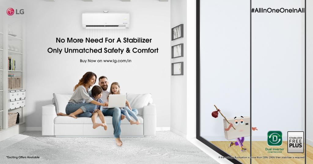 LGIndia's tweet photo. With LG #AllInOneOneInAll ACs, there will be no compromise on safety, savings and comfort. The #StabilizerFree operation prevents voltage fluctuations and helps in low energy consumption.
Buy now on https://t.co/y4uBRY4rK3
#SmartAC #LGDualCool #ResidentialAC #LGConvertibleAC https://t.co/UMDCzUq1B6