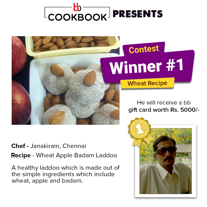 bigbasket_com's tweet photo. The winners of the #bbRoyal Wheat #RecipeContest are out! Congratulations to Janakiram from Chennai on winning a gift card worth INR 5000 from us. Check out his winning recipe of #Wheat Apple Badam Laddoo here: https://t.co/K88buJLsq8
#bigbasket #Contest #WheatRecipes #Recipes https://t.co/up6YfoQ2ZJ