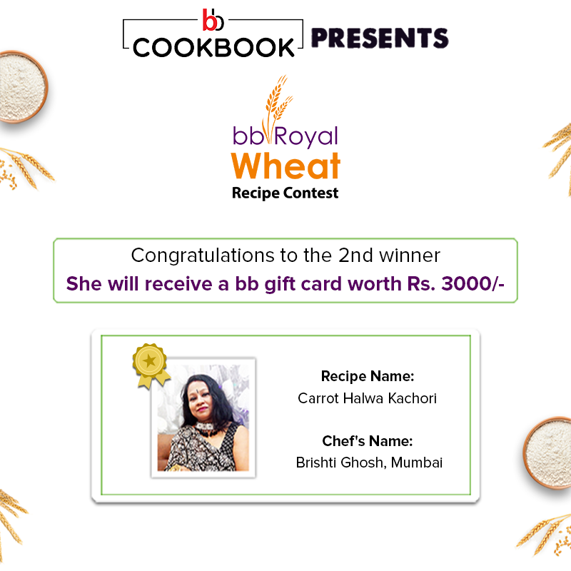 bigbasket_com's tweet photo. Congratulations to Brishti Ghosh from Mumbai on being chosen as the second winner of our #bbRoyal #Wheat contest and winning a gift card worth INR 3000. Check out her winning recipe of Carrot Halwa Kachori here: https://t.co/K88buJLsq8
#bigbasket #Contest #RecipeContest https://t.co/a6PMt62Vnz