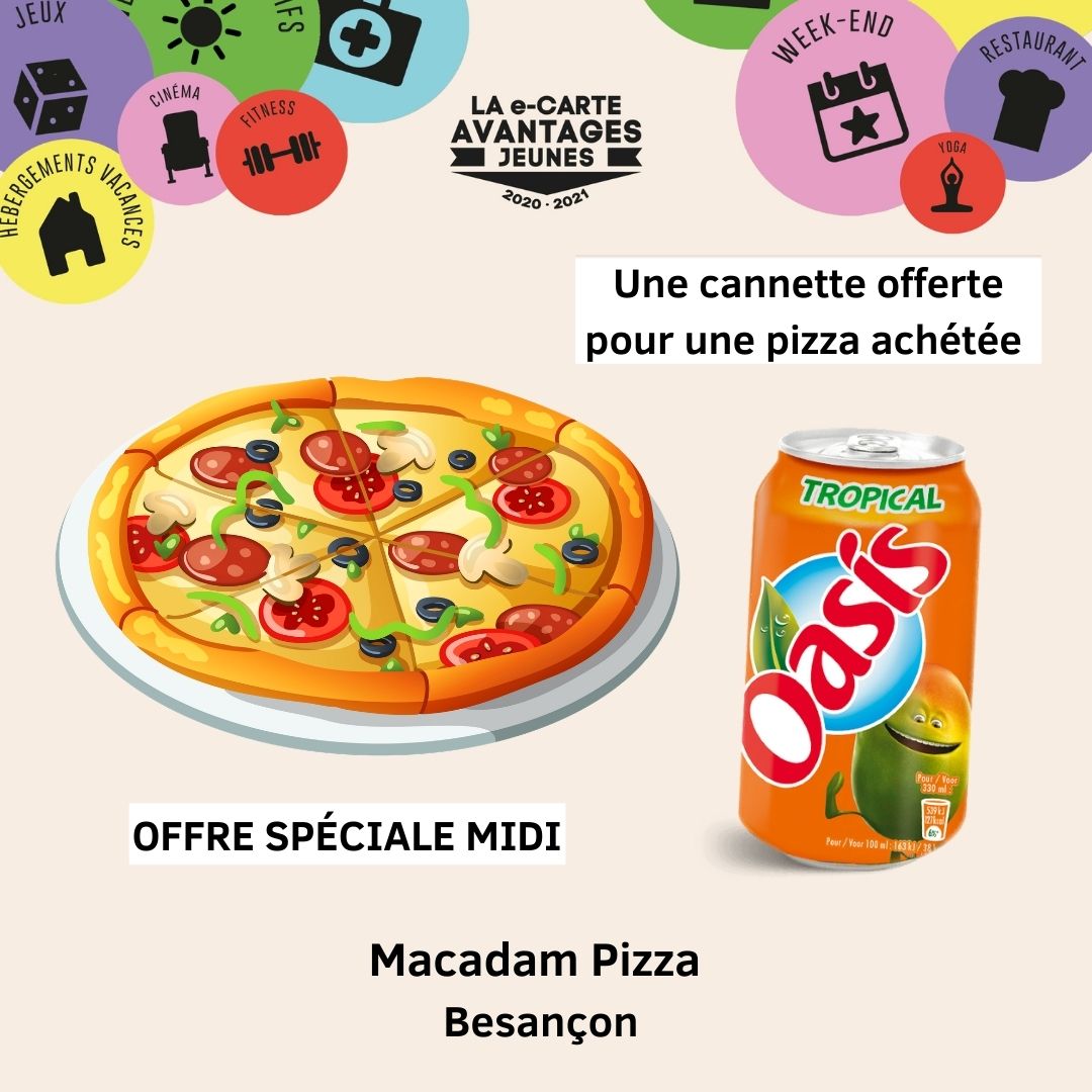 💛 OFFRE SPÉCIALE MIDI 💛🍕 Bénéficie d'une cannette offerte 🥤 pour une pizza achetée chez MACADAM PIZZA  📍 Besançon grâce à ta e-Carte Avantages Jeunes 🚸

➡️ avantagesjeunes.com/avantage/31167