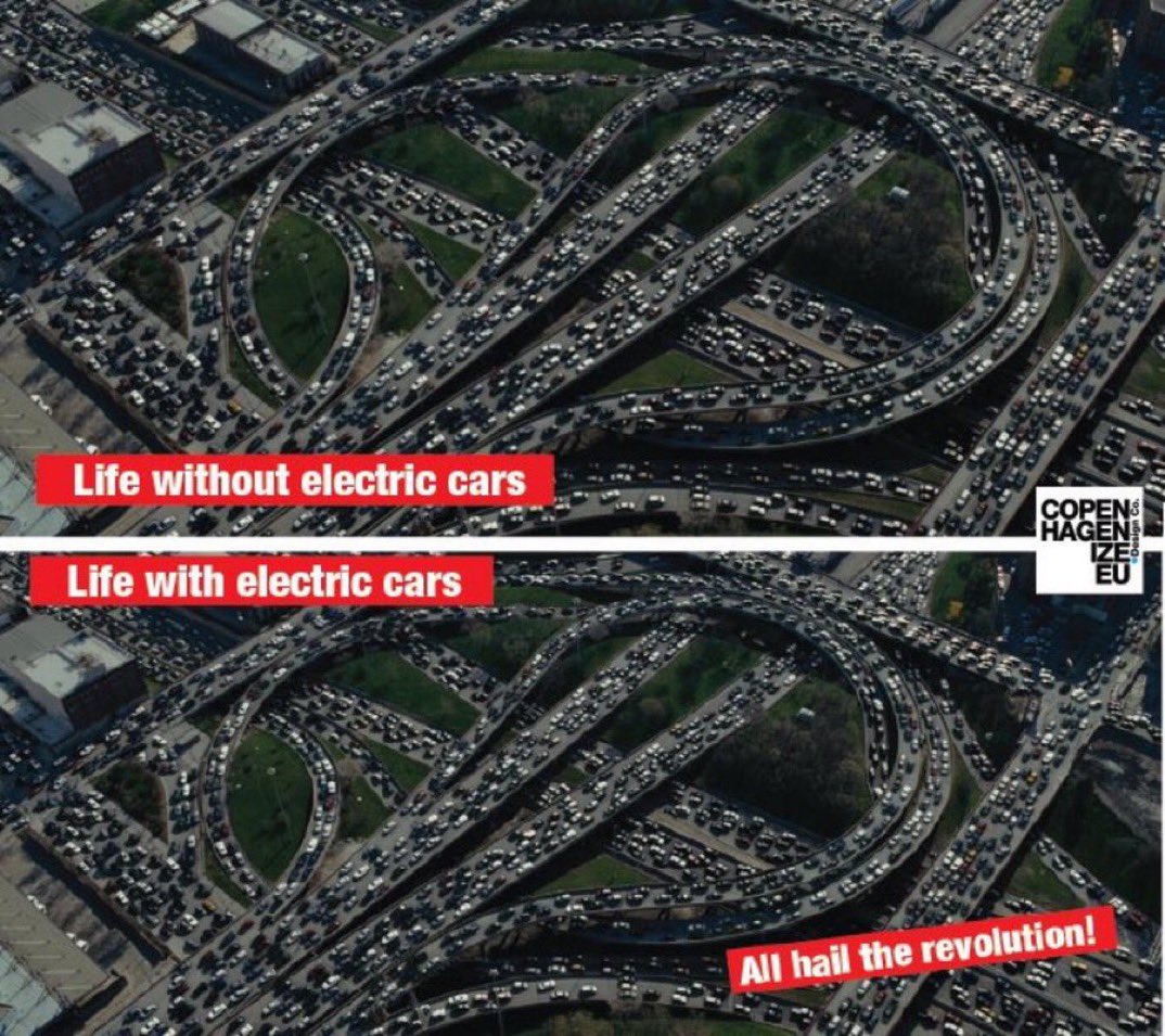 BrentToderian's tweet photo. I assume we all get that electric cars take up as much space &amp; don’t solve the space problem that cars create, as @colvilleandersn illustrates. But we cant forget how #JevonsParadox explains that “better cars” lead to MORE &amp; BIGGER VEHICLES + MORE DRIVING. https://t.co/znXOVrfQ43 https://t.co/E6BYimEbQp