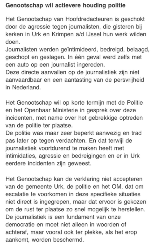 Verklaring van het Genootschap van Hoofdredacteuren n.a.v. de incidenten gisteren en het optreden van de politie.