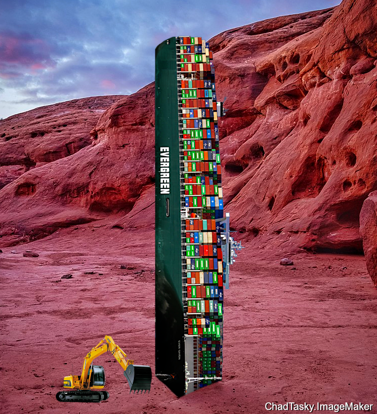 ChadTasky's tweet photo. @Reuters Now it's back in the desert where it belongs! "Container-Shiplith" #Evergreen #EvergreenShip #EvergreenMeme #Suez #SuezCrisis #SuezCanal #Monolith #SuezBlocked #ContainerShip #ChadTaskyImageMaker https://t.co/h8gzTzZyDC