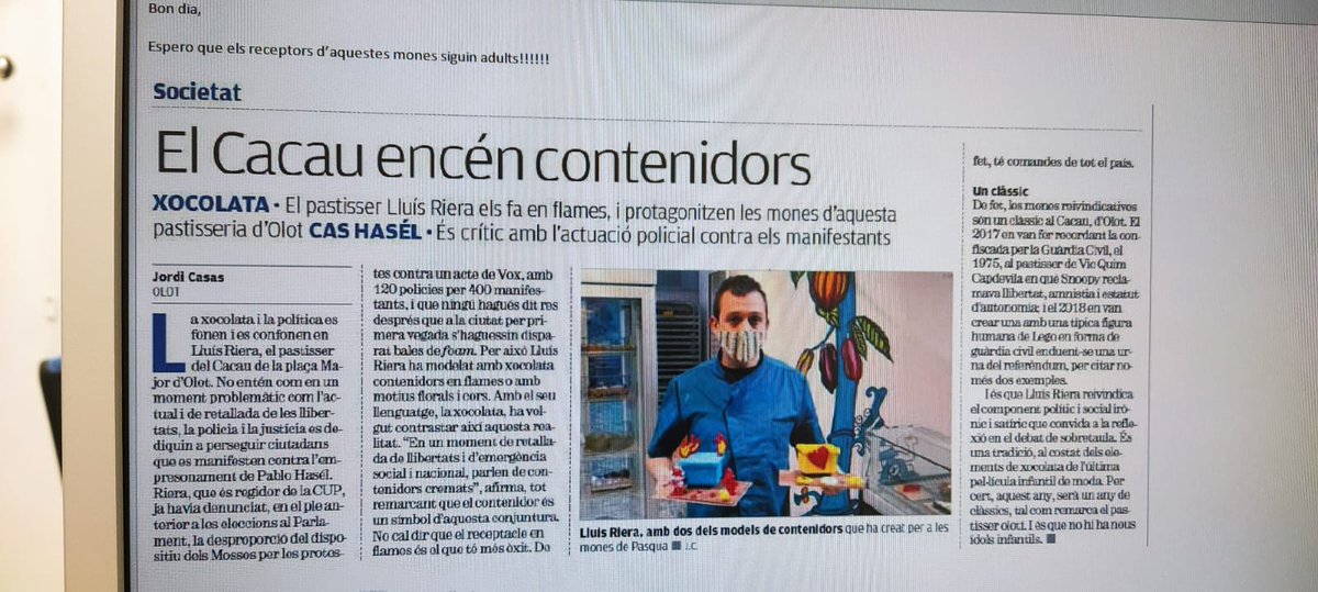 lluiscacau's tweet photo. Avui a @cacaupuntcat sortim
a @elpuntavui @jjordi_casas
#Mones de #Contenidors
I si enlloc de contenidors parlem del contingut?
Lo de sempre.
No ens cansarem de dir-ho.
Pels drets i llibertats
nacionals i socials.

De la pastisseria també en fem política
#PrendrePartit https://t.co/5Ow3Kzd66v