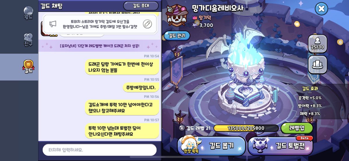 yukari29_j's tweet photo. 스트리머 밍기덕 길드 <밍가디움레비오사> 에서 길드원을 모집합니다~😁
- 전투력: 10만 이상
- 가입방법: 자유가입식
- 토벌전 하루 3회 필수
토벌전 기여도를 토대로 기여도가 낮은 경우 추방하고 있습니다
투력에 비해 딜이 낮아 조언 필요하시면 DM주세요🤗
#쿠키런길드 #킹덤길드
@kingdom_guild https://t.co/iSCuqMO5LI