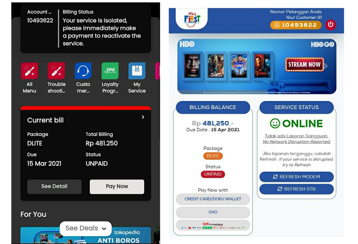 erlanggajati4's tweet photo. Capture kiri aplikasi. Kanan Browser. Total Billing sama. Due date di aplikasi 15 maret 2021. Due date di browser 15 april 2021... masa iya BEDA. Selalu begini tiap bulan kan dongo ya. @FirstMediaCares https://t.co/VpcNoMSpir