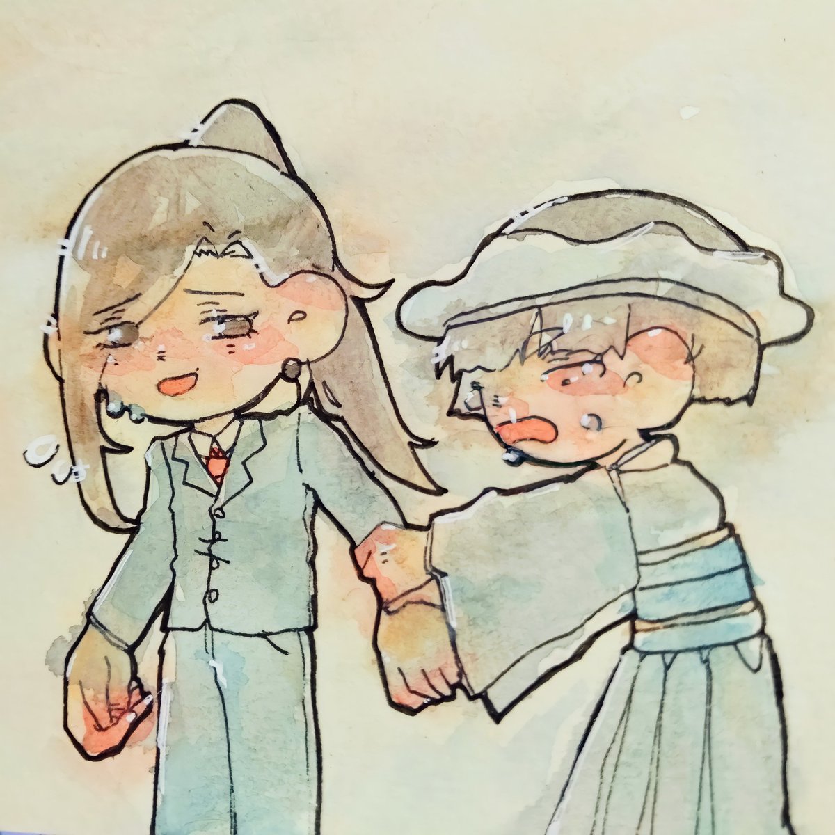 つゆ 少し前に描いた絵 仕事に戻ろうとした藍 左 を引き留めようとわがままを言うつゆちゃん ᵕ イラスト好きさんと繋がりたい イラスト好きな人と繋がりたい イラスト アナログイラスト 水彩