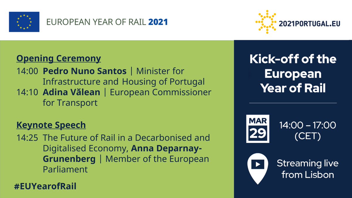 Transport_EU's tweet photo. 🎉 Today is the day! 

🛤 We’re officially kicking off #EUYearofRail with @2021PortugalEU &amp; key speakers sharing their views on the future of rail! 

📢 Join us this afternoon: https://t.co/F4t9wXW1Qm - open to all, from rail professionals to train enthusiasts! https://t.co/2oehAGE3F8