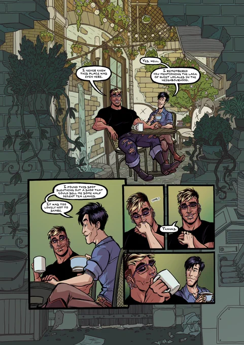 It's the one year anniversary of Pipeburn @slipshinestudio and also @DIYferret's birthday, and I totally failed to produce a second chapter of the comic in the midst of everything last year, but here's a cute page of the boys on a date at some kinda back alley tea shop speakeasy 