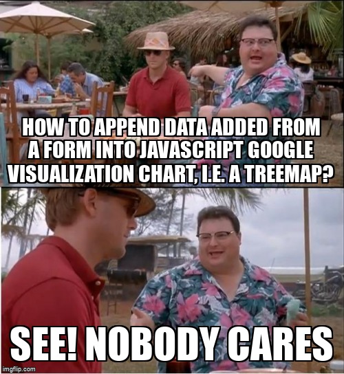 overflow_meme's tweet image. How to append data added from a form into JavaScript google visualization chart, i.e. a treemap? stackoverflow.com/questions/6684… #googlevisualization #javascript #jquery #treemap #html