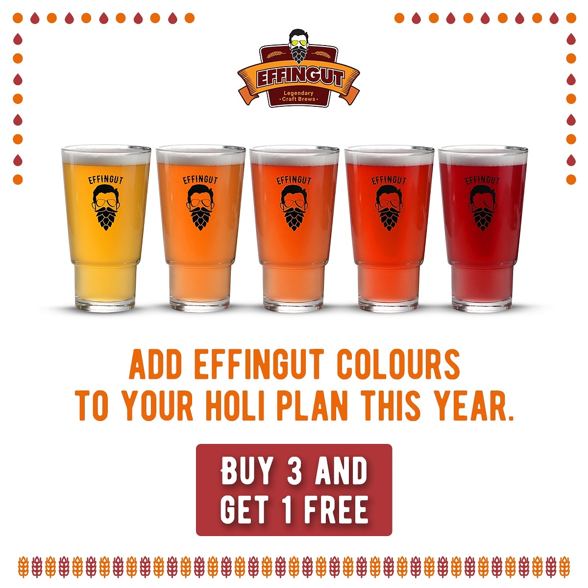 #HappyHoli to everyone out there! 
Add Effingut colours to your holi plan this year. 

🍺 Buy 3 craft beers and get 1 craft beer free 🍺

Click here - effingut.com/order or head to the nearest Effingut 2 Go store!

Offer Valid only on 29th March,2021*
#Holi2021 #Holi