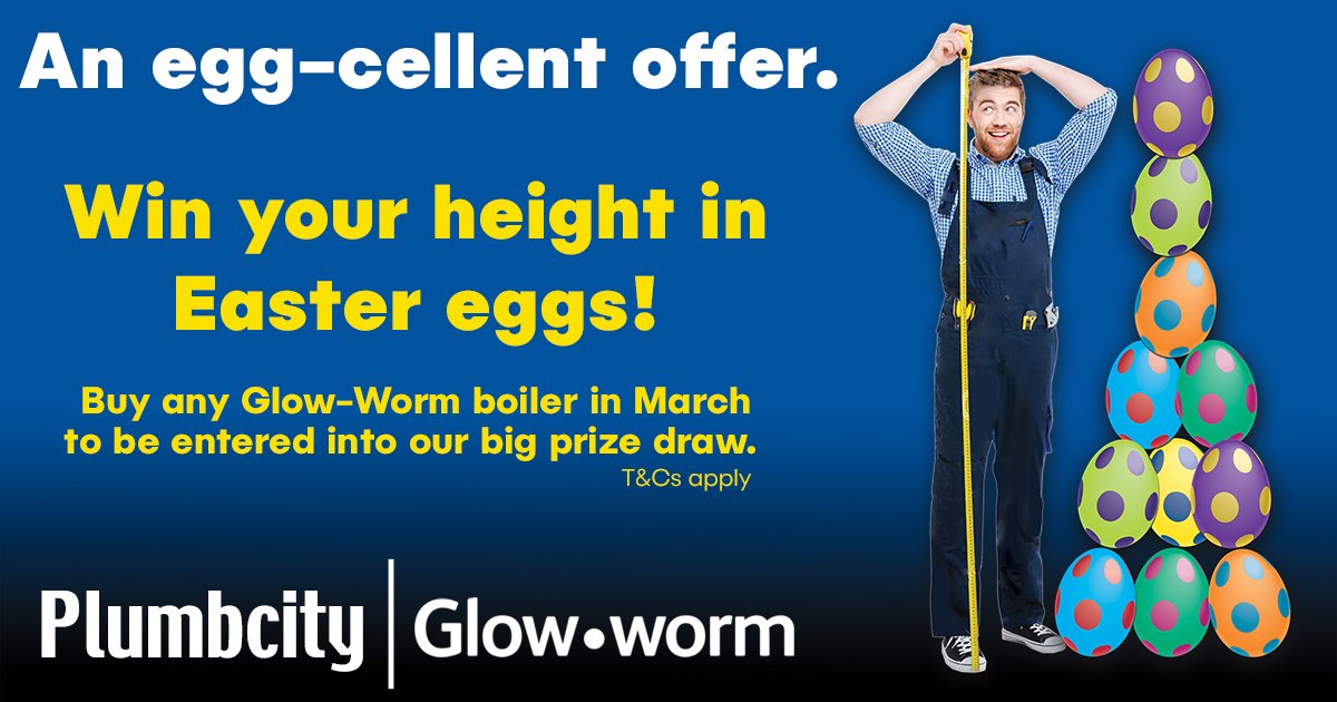Plumbcity's tweet photo. An egg-cellent offer! Buy any Glow-worm boiler at Plumbcity Clacton, Chelmsford, Sudbury, Braintree, Bishop's Stortford or Stevenage this March and you will be entered into a prize draw to win your height in Easter eggs. Don't eat them all in one go! #Easter #Eggs #BigPrizeDraw https://t.co/tgJNsxMS6X