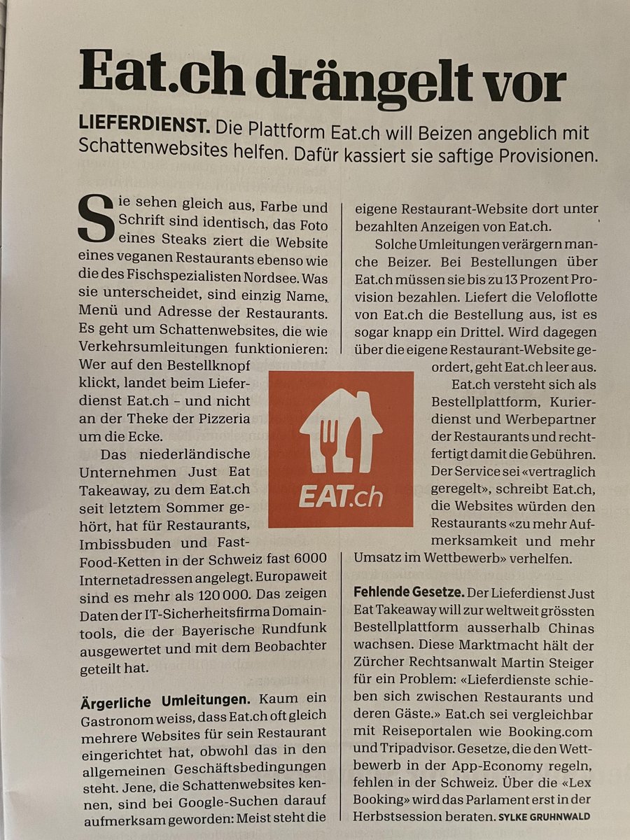 SylkeGruhnwald's tweet photo. «Schattenwirtschaft» @BeobachterRat — oder: Eine kurze Fabel von der Macht der Plattformen.
Just Eat Takeaway (#Eatch) registriert europaweit über 120'000 Domains, 6000 davon in der 🇨🇭, für eigene Bestellseiten, die Websites von Restaurants ähneln.
#Itsallaboutthemoney https://t.co/LFMVxLGTfn