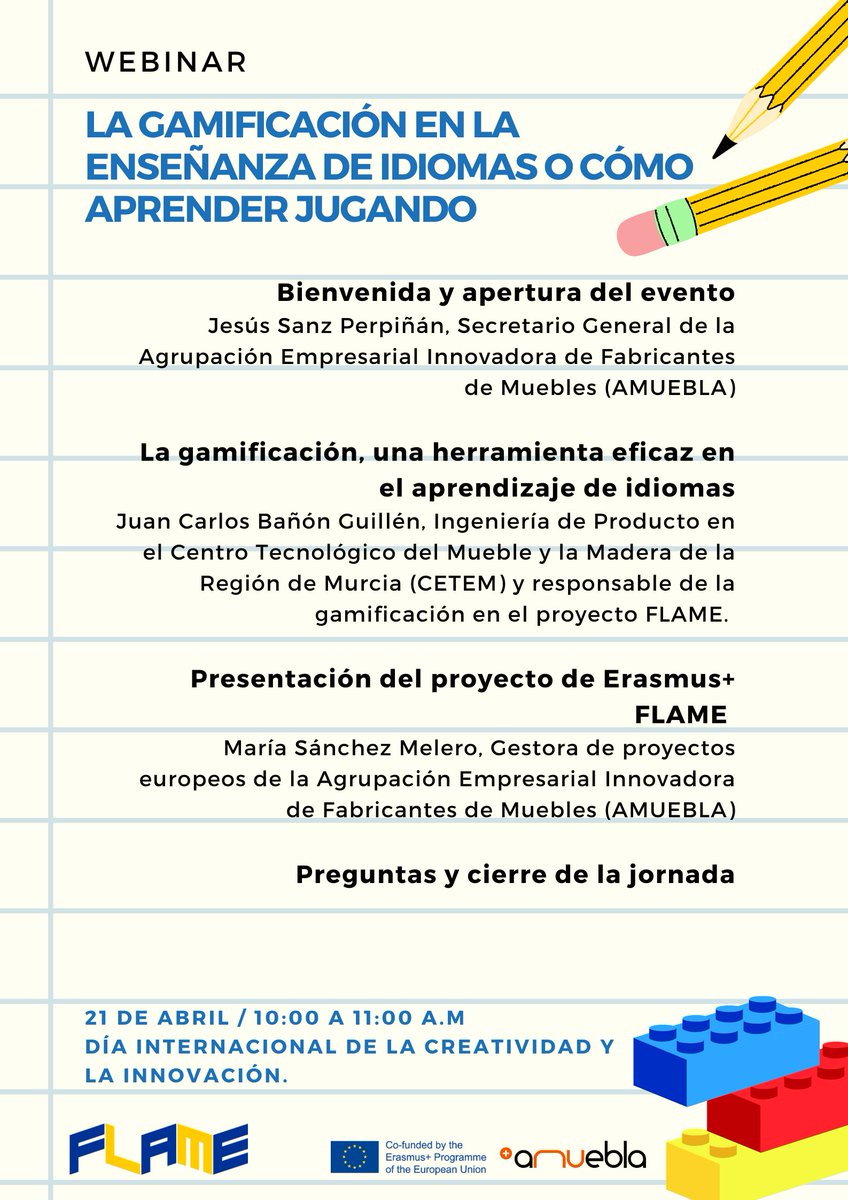 AmueblaCoop's tweet photo. 📢#Webinar: La gamificación en la enseñanza de idiomas o cómo aprender jugando.
📆21 de abril ⏰10:00 a 11:00 a.m.
✅Online y gratuito.
#erasmusFLAME
📲Inscripción: https://t.co/azfWYhQzRQ https://t.co/MmRfDbshlL