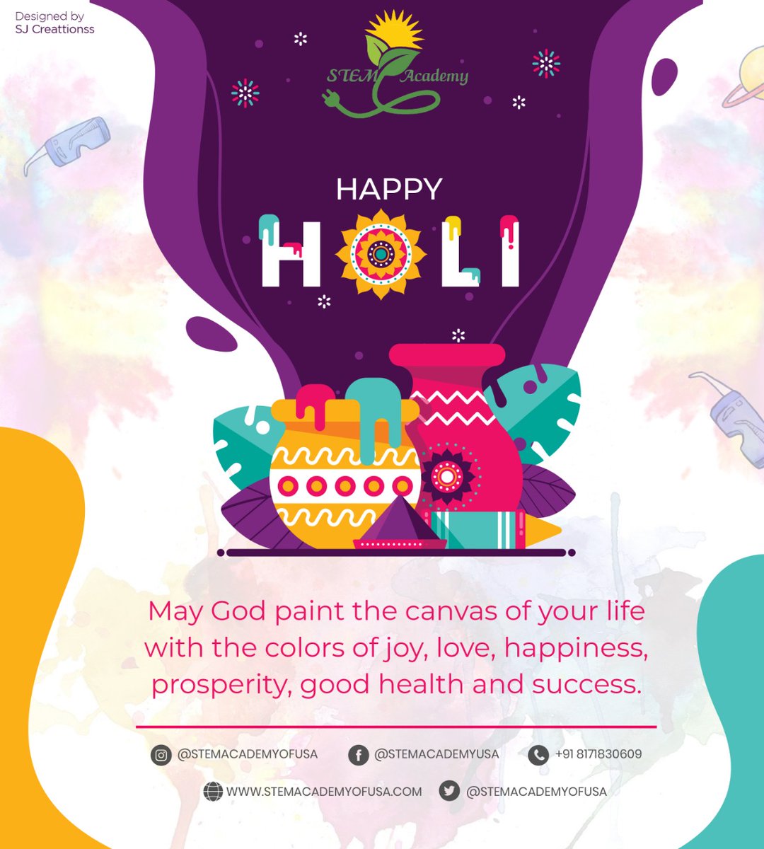 STEM Academy wishes you a very happy and colorful Holi...!

#HappyHoli #STEM #STEMEducation #STEMAcademy
#Learningdevelopment #ChildDevelopmentCourses #STEMAcademyofUSA #Science #Technology #Maths #Education #Engineering #learning