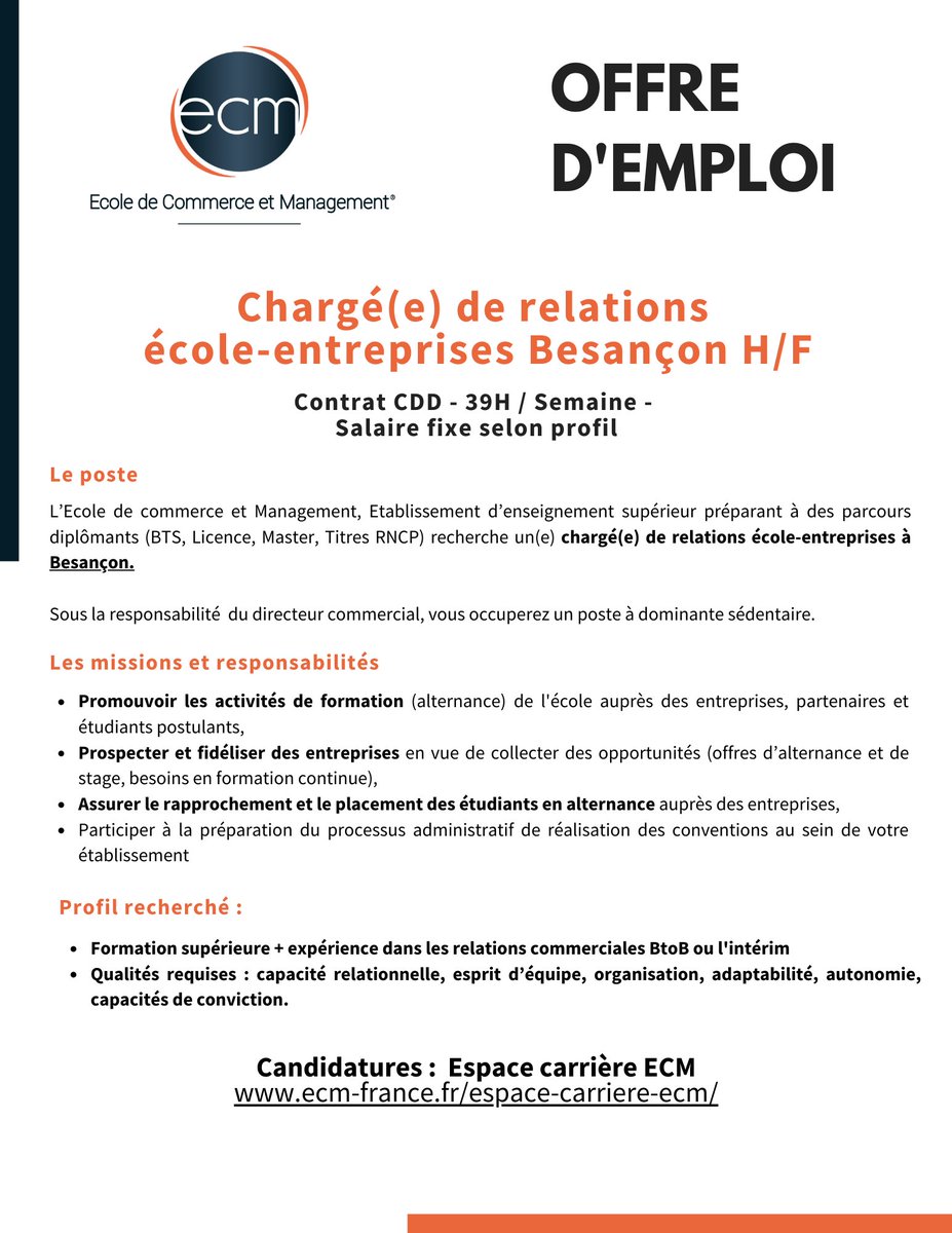 ECM_BFC's tweet photo. Offre d'emploi CDD à l'ECM #besançon pour un profil commercial, idéalement ayant déjà travaillé dans le milieu de l'intérim.
Candidature en ligne : https://t.co/kHgYW98p7W https://t.co/jpisYcs807