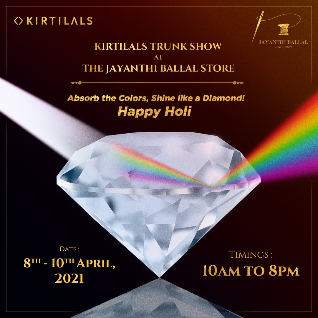 jayanthiballal's tweet photo. Absorb The Colors. Shine. Like a Diamond!✨
Happy Holi!
Are you all excited for The Kirtilals Trunk Show at The Jayanthi Ballal Store ?
When : 8 - 10 April
Time : 10am - 7pm
#Jayanthiballal #Kirtilals @KirtilalsOnline #TheTrunkShow #Mysuru #Mysore #TheJewelleryShow https://t.co/p7wqigF3UR
