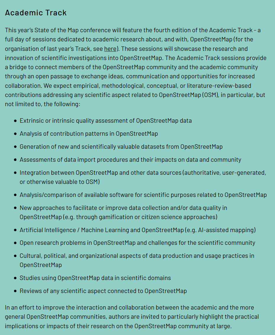 For the 4th time, the <a href="/sotm/">State of the Map</a> conference will have an Academic Track dedicated to the presentation of scientific and research applications of #OpenStreetMap 🌍🎓

The call for abstracts is now open. You have time to submit yours until April 25!

🔗 2021.stateofthemap.org/calls/academic