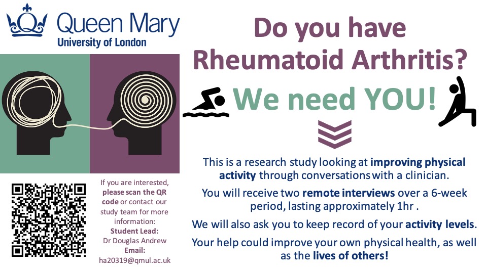 Do you have Rheumatoid arthritis? 
If so we would need your help.  You will be invited to two video consultations with a doctor to discuss your condition and physical activity. 
To participate pls complete the following form forms.office.com/r/J7Kesk4aZa

<a href="/NRAS_UK/">NRAS</a>
