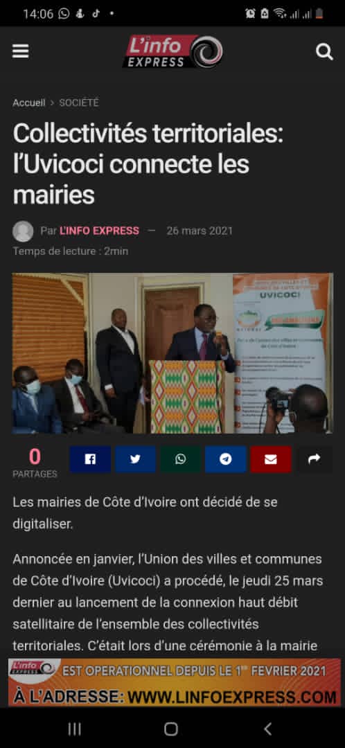 #Rapport #goodnews #CitiesNews #UVICOCI #ceenettech #ceenet Lancement du projet de fourniture internet haut débit par satellite à toutes les communes ivoiriennes à la Mairie d'Aboisso le jeudi 25 mars 2021. Reportage #fraternitematin