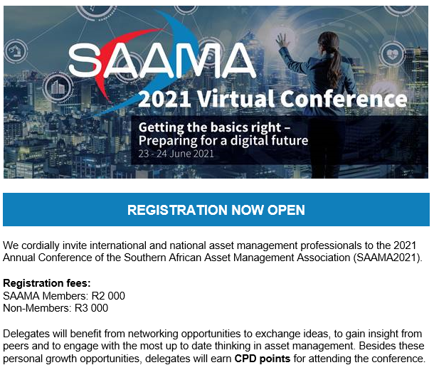 SAAMA_NPC's tweet photo. REGISTER FOR SAAMA 2021 VIRTUAL CONFERENCE
https://t.co/EjHoW8XdRE

We cordially invite international and national asset management professionals to the 1st 2021 SAAMA Virtual Conference, happening 23-24 June.

Registration fees:
SAAMA Members: R2 000
Non-Members: R3 000 https://t.co/HT1QNYbLgm