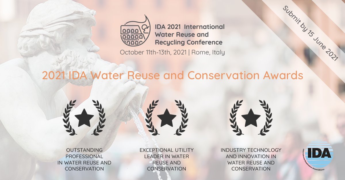 idra_water's tweet photo. Do you know an individual or organization who have demonstrated exceptional performance &amp; made contributions in the areas of #waterreuse, #recycling &amp; #conservation? The #IDAWRR2021 Conference will be presenting 3 awards for recognition in the field. Visit https://t.co/8I4k634TFh https://t.co/xShZMughH0