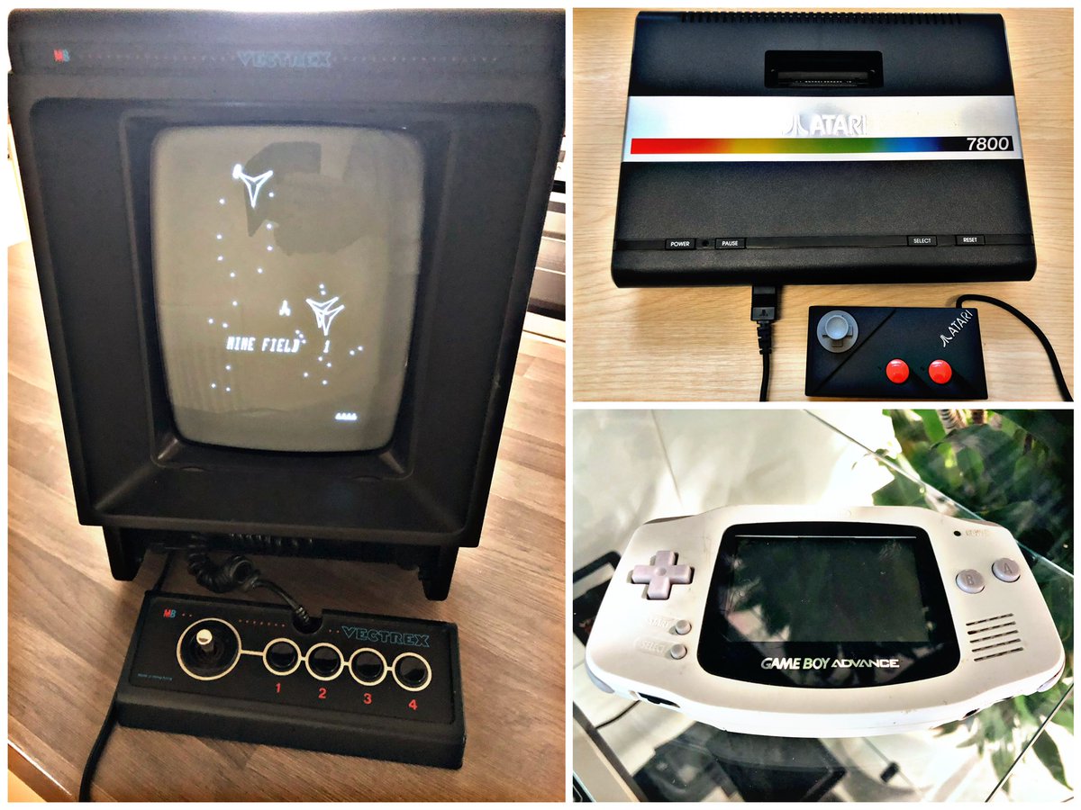 SWRetroComp's tweet photo. For today’s #RetroTrio we have the #MBElectronics #Vectrex, #Atari7800 and #Nintendo #GameBoy Advance. Which do you keep, gift and delete from history? #RetroComputing #ComputerHistory #RetroGaming #VideoGames #GBA #Atari https://t.co/IiBEhbOPXj