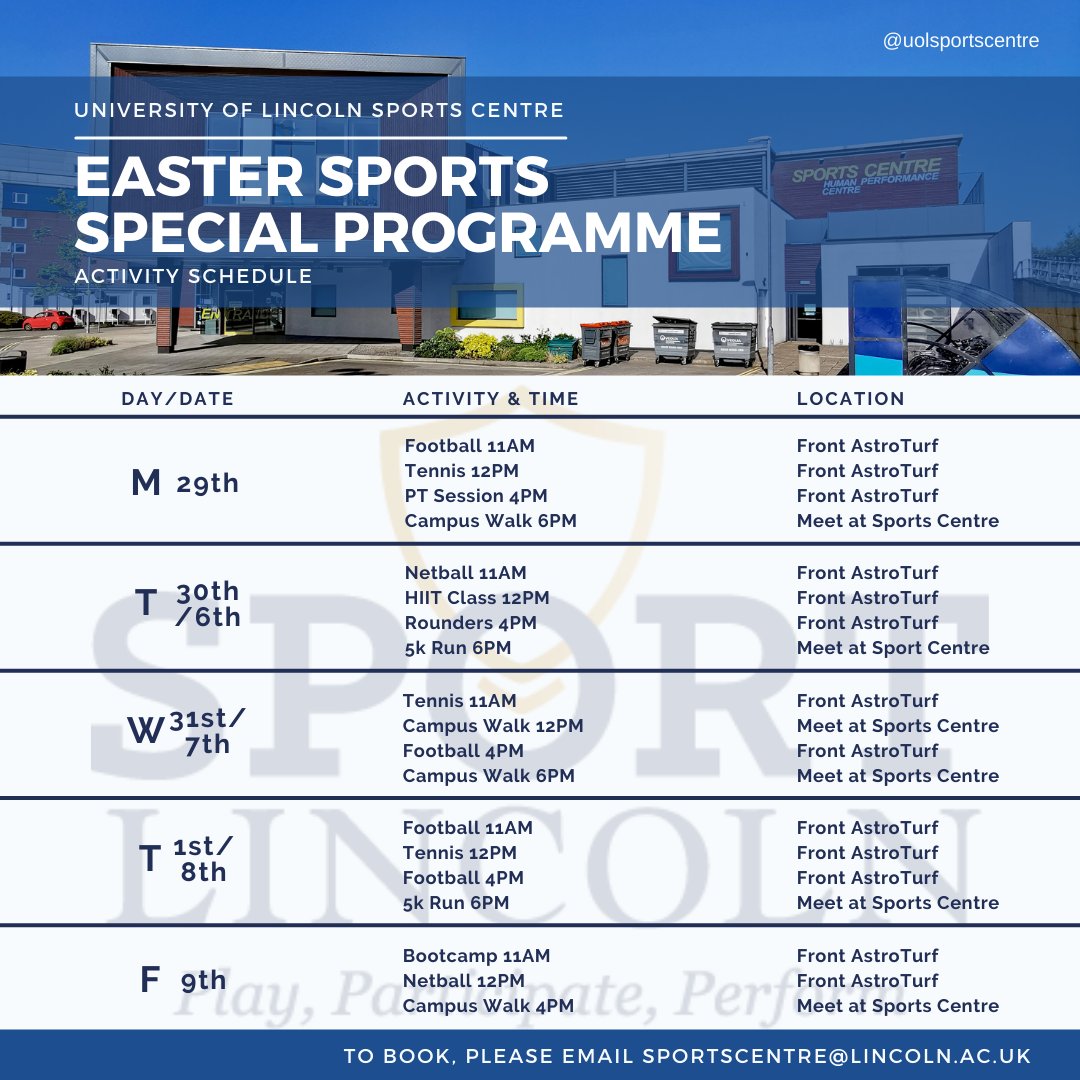 Our Easter Sports Special Programme starts today! Staying in Lincoln over the Easter break? Why not join us here at the Sports Centre for our fun sports & activity programme. To book, please email sportscentre@lincoln.ac.uk or just turn up (space dependent). #ReturnToPlay