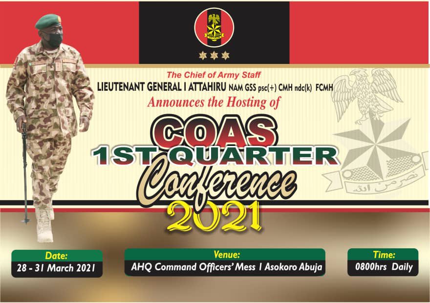 HQNigerianArmy's tweet photo. HAPPENING NOW

OPENING CEREMONY OF COAS 1ST QUARTER CONFERENCE AND NIGERIAN ARMY OPERATIONS RETREAT 2021.

Follow Nigerian Army official Facebook page https://t.co/GXQbv4mwKi for the event LIVE Streaming. https://t.co/8dmsL8oX28