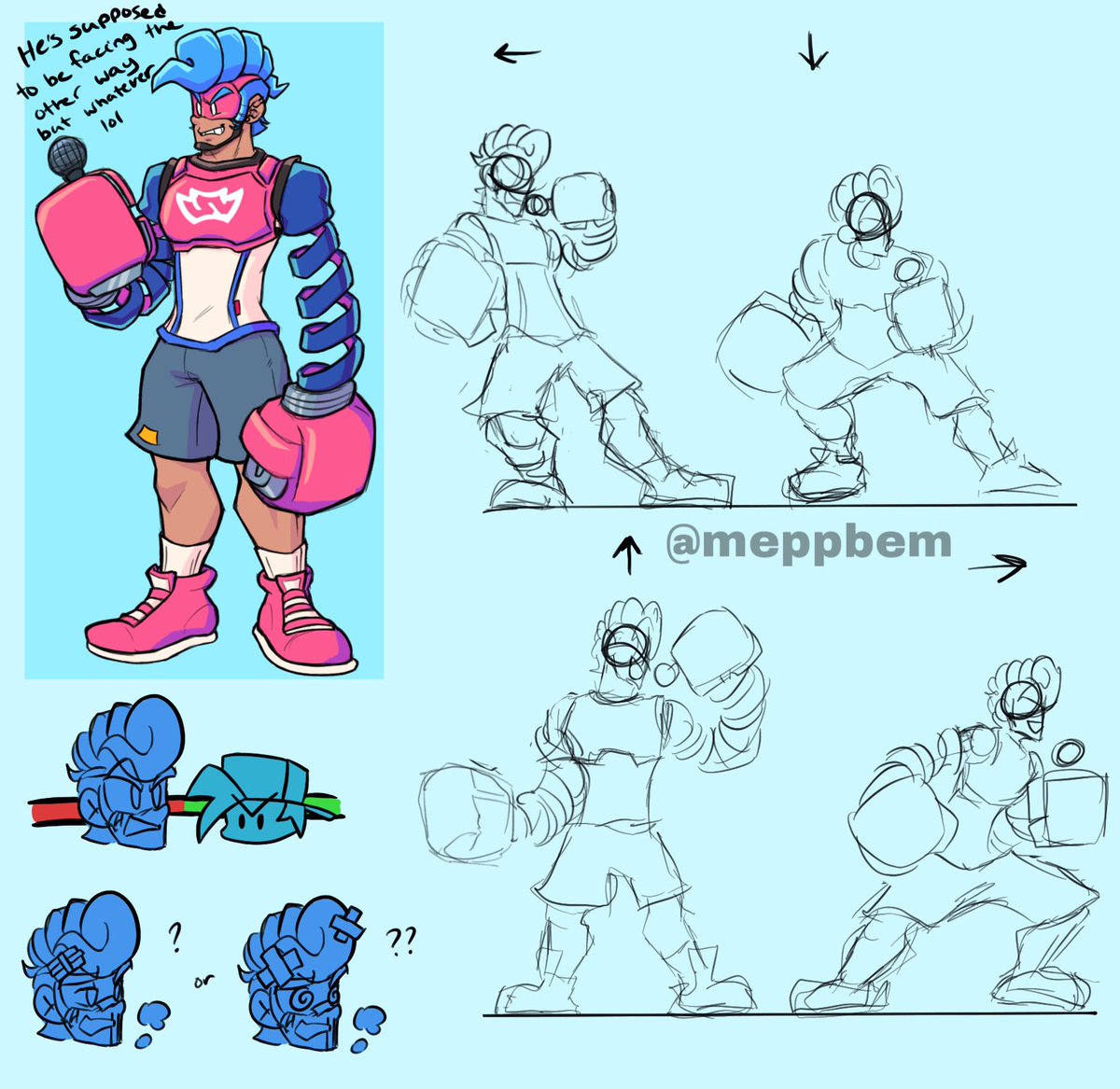 NoodleHarp's tweet photo. heres a few rough n simple ideas if i ever decide to not be lazy and work on an #ARMS #fridaynightfunkin mod :D it’s fun to plan stuff but in execution, it looks pretty energy-draining... #Springman #Ninjara #Mechanica #fnf #bigfattits https://t.co/2LwuxzWaKy
