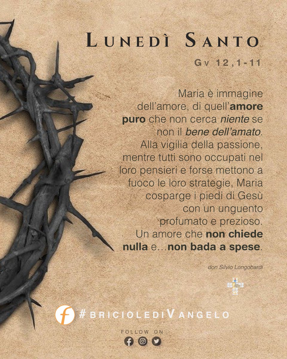 𝙇'𝙞𝙣𝙣𝙖𝙢𝙤𝙧𝙖𝙩𝙖
“Maria allora prese trecento grammi di profumo di puro nardo” (Gv 12,3)
Leggi il commento qui👇
puntofamiglia.net/puntofamiglia/…

#briciolediVangelo #fraternitadiEmmaus #puntofamiglia