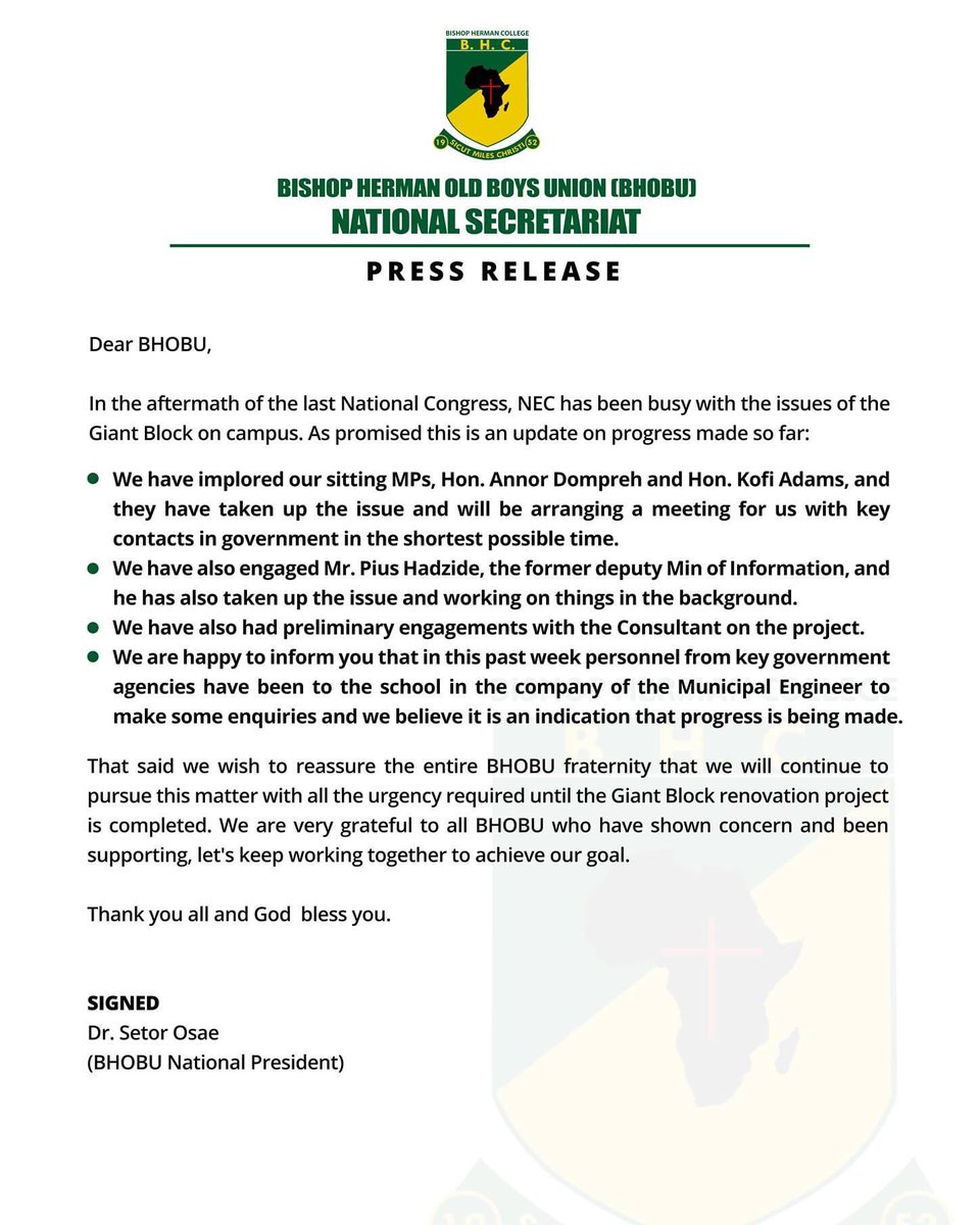 bishophermanco's tweet photo. Press Release from BHOBU NEC on issues relating to the giant block on BHC Campus

#BHC #BHOBU #bhobunec https://t.co/xffCbb6GHK