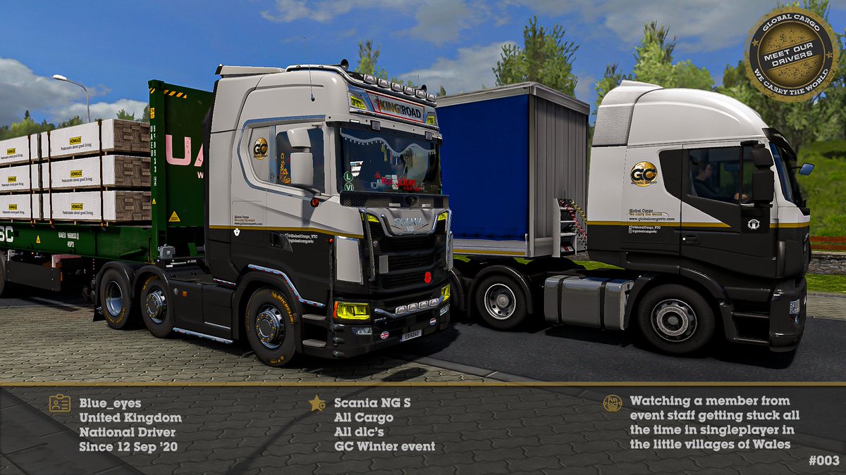 GlobalCargo_VTC's tweet photo. Time for our third edition of ¨Meet Our Drivers¨ 🚛
Today we have our ¨Blue_Eyes¨ 🙋♂️
Wanna get to know all of our drivers?
Check us out @ https://t.co/1YB2quijX9
#GlobalCargoVTC #scssoftware #BestCommunityEver #truckersmp #MeetOurDrivers
Design by @Sk3rpiej https://t.co/sxWnHBWP2m