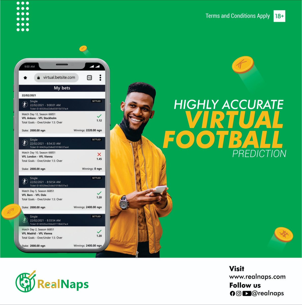 Realnapspropage's tweet photo. Realnaps VFL Prediction Software gives you the ego of prophet when predicting Virtual Football.
For tips and updates, follow our official page.
@realnaps1
visit: https://t.co/NT1VzSOzRH
⚽And sign-up for free
#realnaps https://t.co/U2G3ayHdK7
