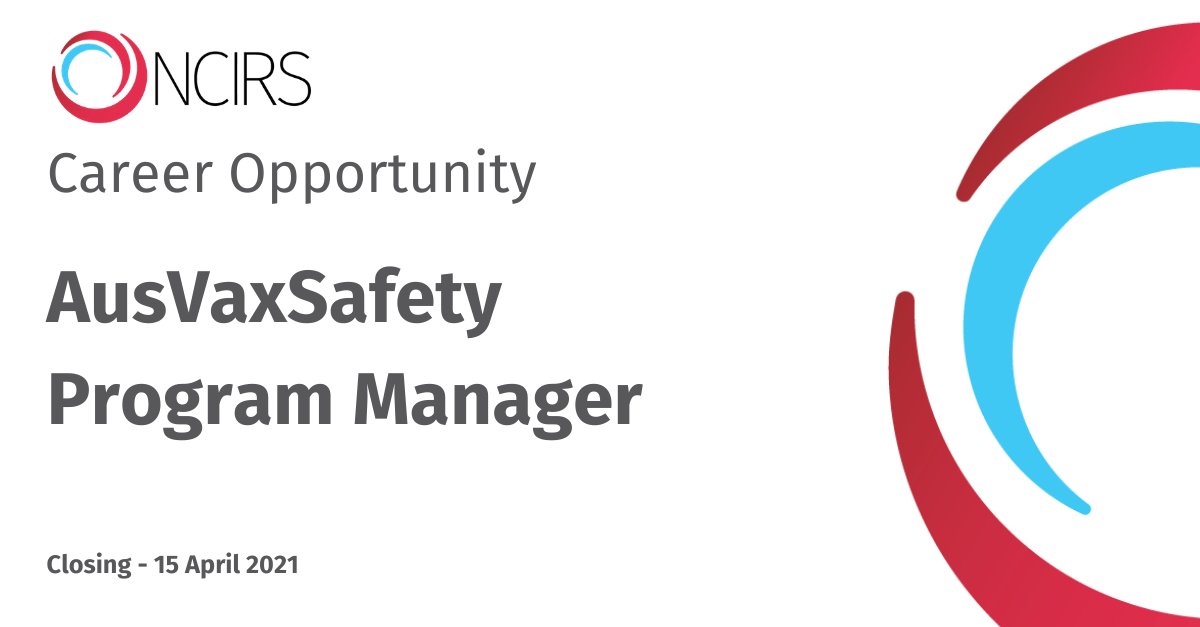 NCIRS's tweet photo. Join our Team | AusVaxSafety Program Manager. This is an exciting opportunity to manage and lead the expansion of the AusVaxSafety program and contribute to the safety monitoring for COVID-19 vaccines in Australia. Applications close 15 April. Learn more: https://t.co/fWGKbkbBcq https://t.co/kphzVueEQm