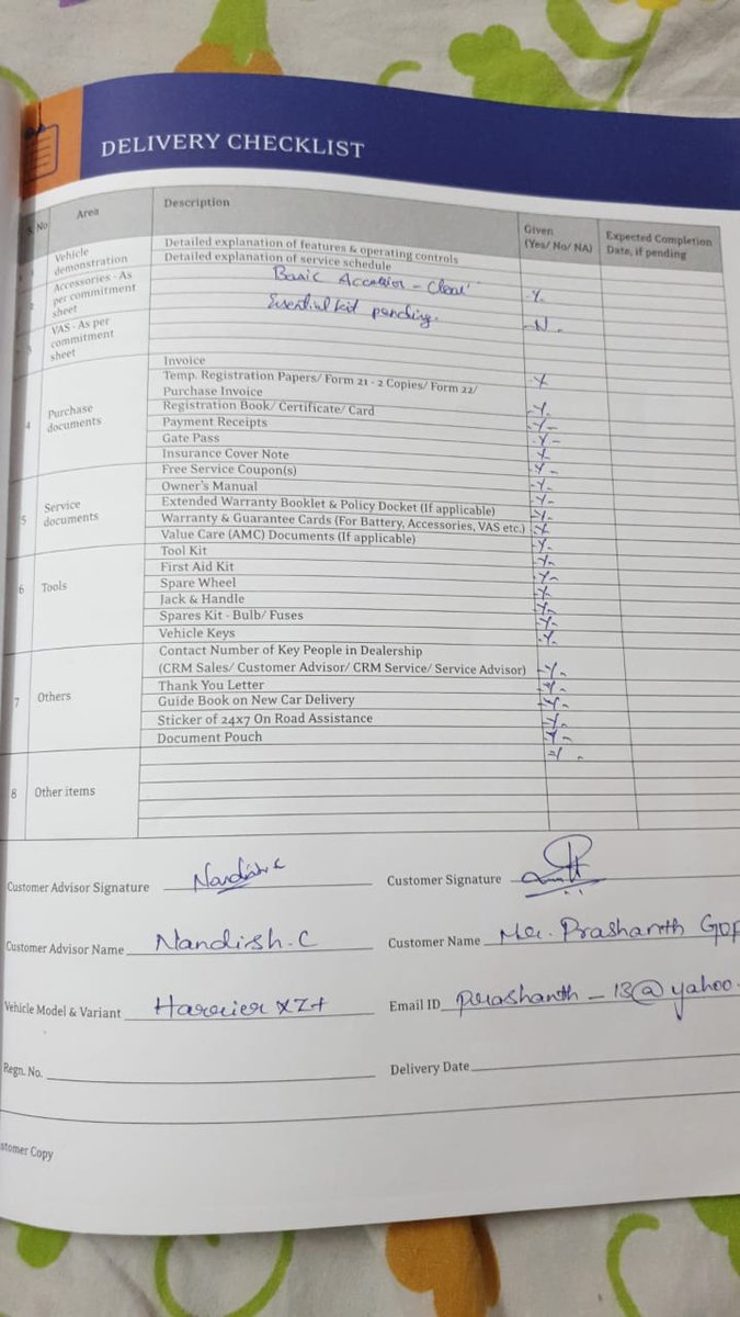 gopi_prasanth's tweet photo. Key Motors Bangalore JP Nagar gave me this delivery checklist stating that the essential kit is pending on 4th Jan 2021 delivery. After delaying for 2 months and 23 days when I go to get the fitment, they are saying that I have not paid for the essential kit. Shameful Cheating https://t.co/G7LZnSWJax