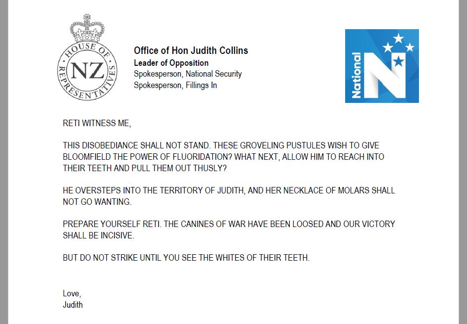 BeehiveLetters's tweet photo. Judith Collins to Shane Reti
RE: BY THE SKIN OF THEIR TEETH
#nzpol #satire https://t.co/PsrDpquEcv